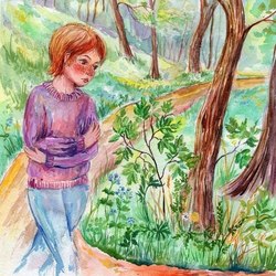 Иллюстрацыя грустный мальчик идет по тропинке в парке
