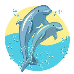 fun the dolphin couple is smiling  On the Sunset vector illustration