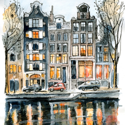 Амстердам. Наступают сумерки, зажигаются огни