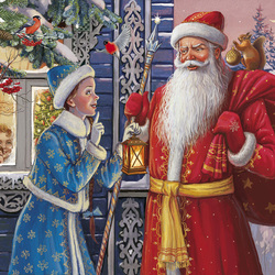 Дед Мороз, Снегурочка и белка.