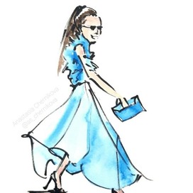 Девушка в голубом платье. Иллюстрация. Мода.