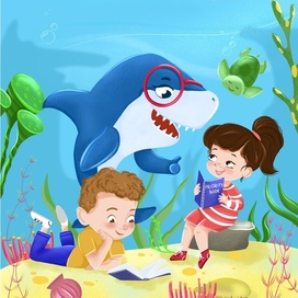 Акула учитель и малыши в подводной школе