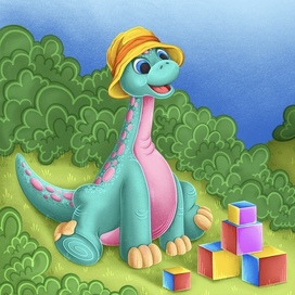Малыш динозаврик играет в кубики