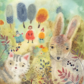 Заяц и кот с детьми на поляне. Акварель