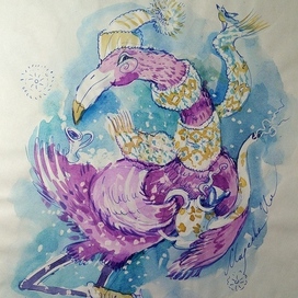 "Фламинго в январе". Графическая серия для зимних открыток