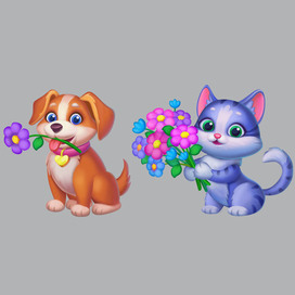 Кот и собачка с цветами