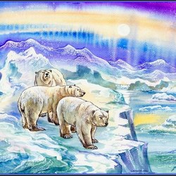  Три медведя в Арктике. Бумага, акварель по-сырому, 48х55sm. $1000.