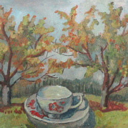 Натюрморт на фоне пейзажа. Чашка. Осень