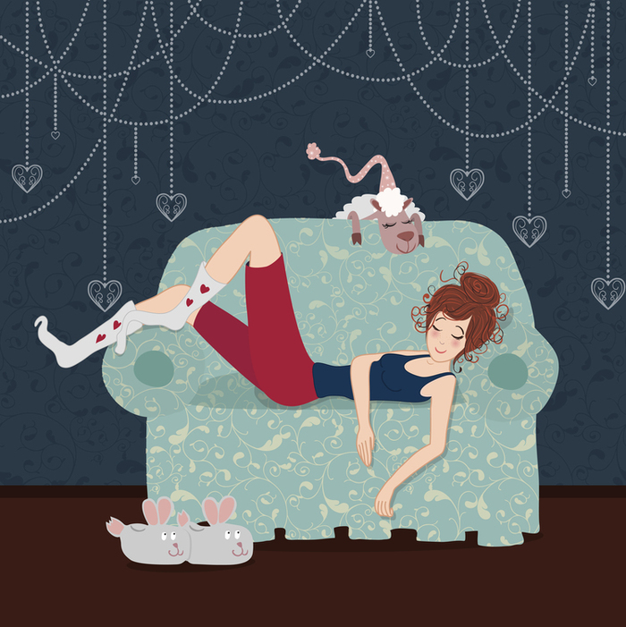 Иллюстрация Девушка спящая на диване в стиле компьютерная графика