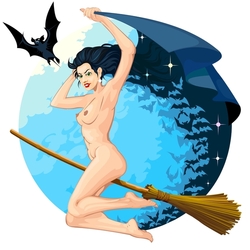 Witch flying on s broomstick with a bat