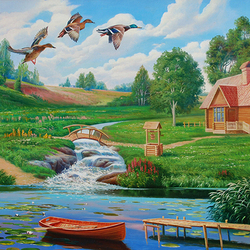Пейзаж с утками и лодкой