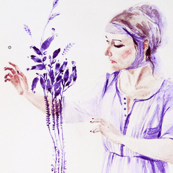 Автопортрет с фиолетовыми цветами.