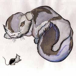 акварельный кот с мышкой