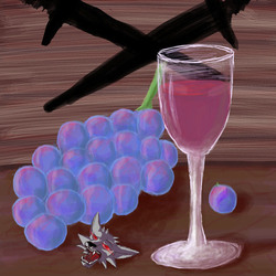 стол с виноградом и вином