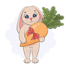 Милый кролик с морковкой, подарок. Символ нового 2023 года. Мультяшный стиль. Открытка, плакат на день рождения, новый год, Рождество. Детская векторная иллюстрация.