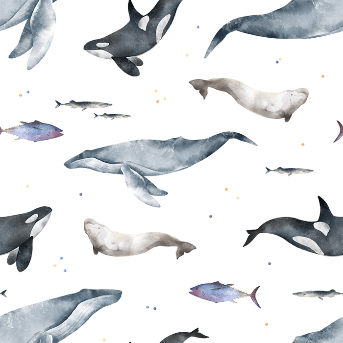Морской принт с китами, касатками, белухами. Подводный мир