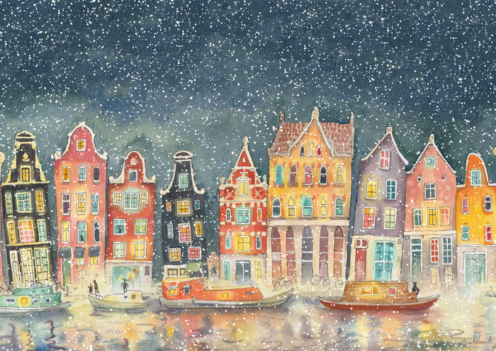 Снежный Амстердам, ночной город, жикле, акварель.