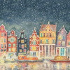 Снежный Амстердам, ночной город, жикле, акварель.