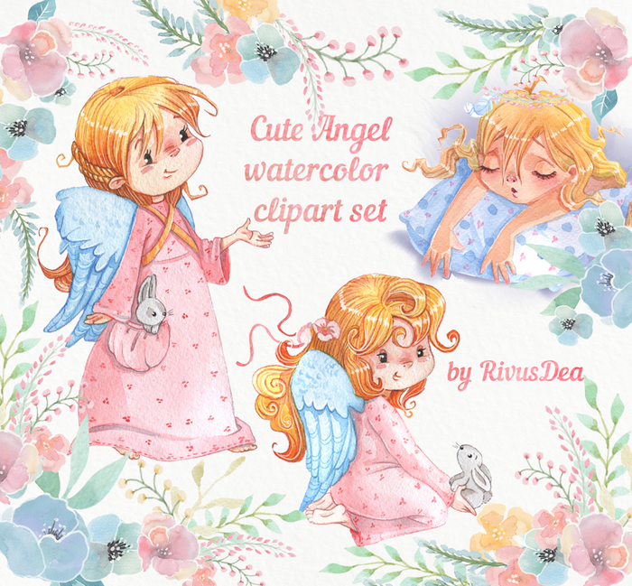 Набор акварельных ангелов для декора и открыток