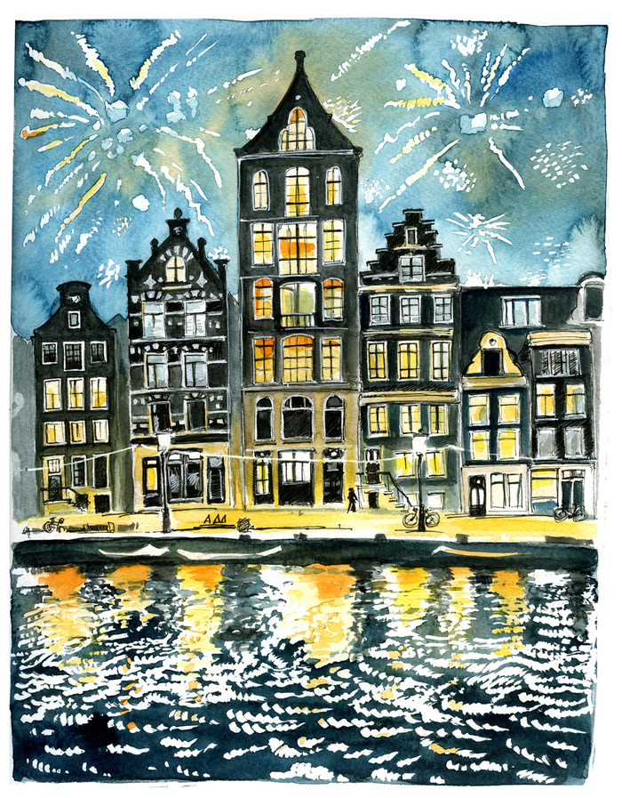 Амстердам. Фейерверк в новогоднюю ночь