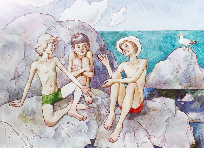 Три мальчика на камнях у моря