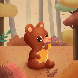 медвежонок в лесу ест мед