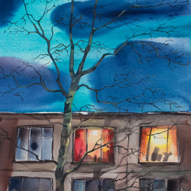 Окно, хрущевка. Акварель