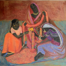 Женщины делающие цветочные гирлянды