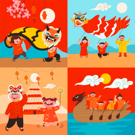 Chinese New Year, hand drone vector set, people characters