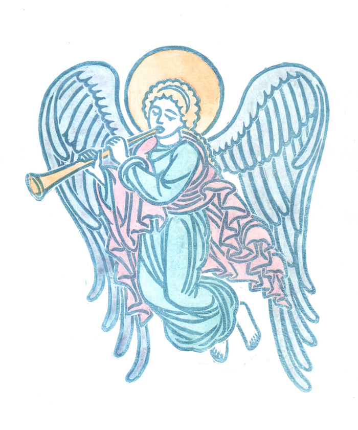 Лубочный Ангел (линогравюра, акварель)