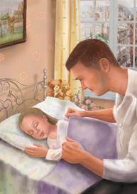 Папа улаживает дочку спать