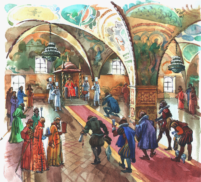 Послы на приёме у царя Алексея Михайловича в Грановитой палате. Илл. к учебнику по москвоведению.