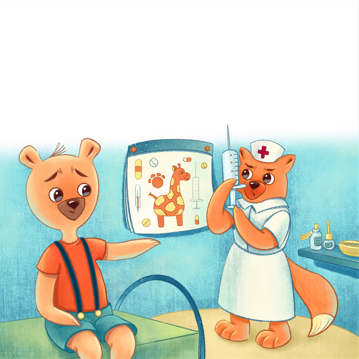 Мишка на прививке. Книжная иллюстрация