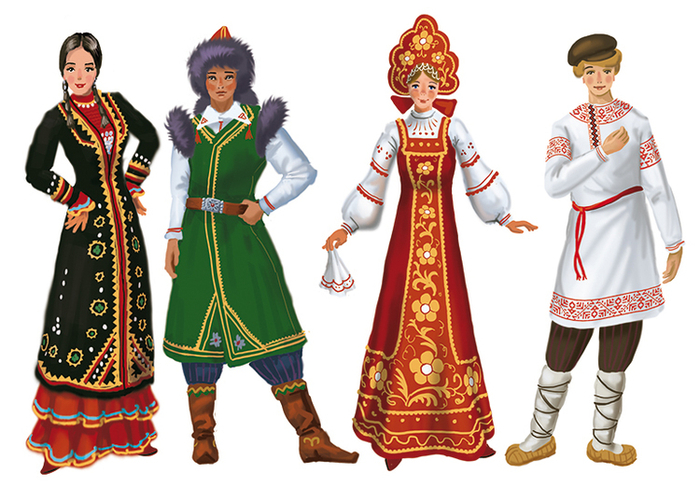 Башкирские и русские национальные костюмы