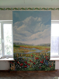 "Маковое поле".Настенная роспись + релъефные травы и цветы. Мною росписан багет.Киев, д.Николаевка.Ч