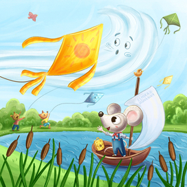 Разворот для детской книжки-картинки "Ветерок" 