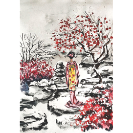 Японская акварель "Шепот зимы и красные ягоды"