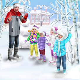 Витя и Оля строят снеговика.