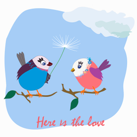 Веселые влюбленные птички с одуванчиком