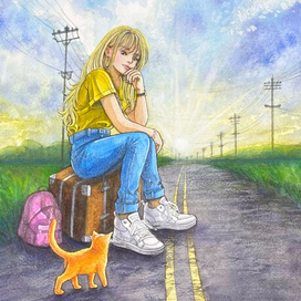 на чемодане девушка с котом. Иллюстрация для карт МАК