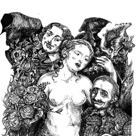 Художник Лишнев с русалкой и витязем. Иллюстрация к рассказу И. Сумароковой "Большая картина"