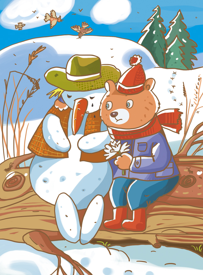 Иллюстрация для книжки про медвежонка  Рикики "Спасенный снеговик"