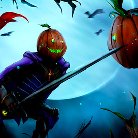 Хеллоуинский рыцарь с тыквой на голове