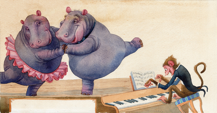 начинается программа, два ручных гиппопотама...