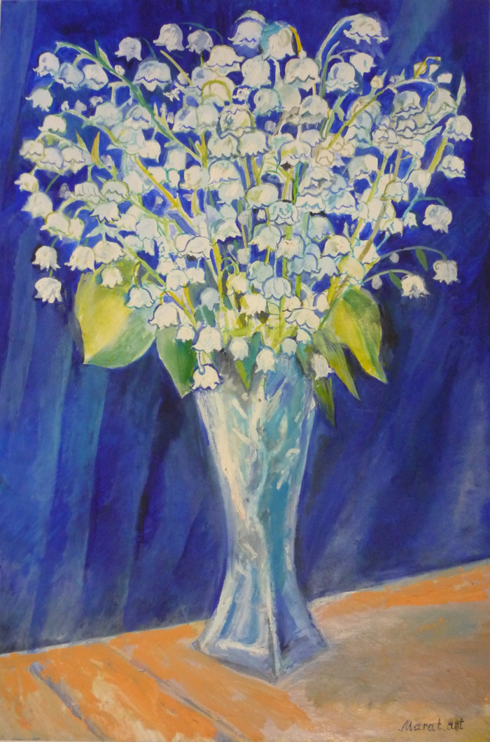 Ландыши в хрустальной вазе.Натюрморт.Холст,масло.         Художник Марат Брызгалов.