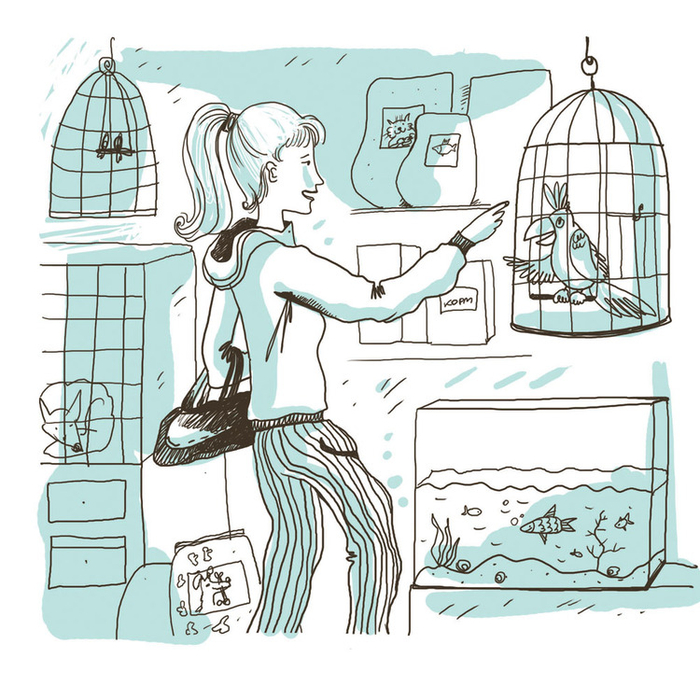 В зоомагазине. Иллюстрация для учебника по изучению языка