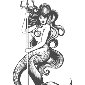 Beautiful Mermaid With Trident Monochrome Tattoo