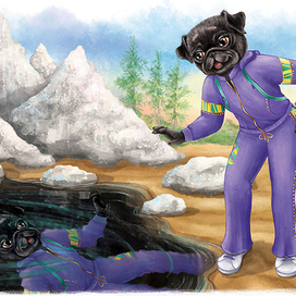 Черная мопсиха Зефирка на берегу черного озера