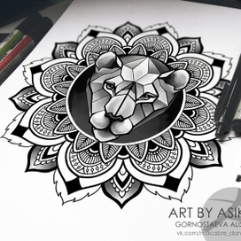 Лев, мандала. Орнаментал, дотворк. Эскиз тату. Mandala, lion, dotwork. Tattoo sketch, tattoo flash
