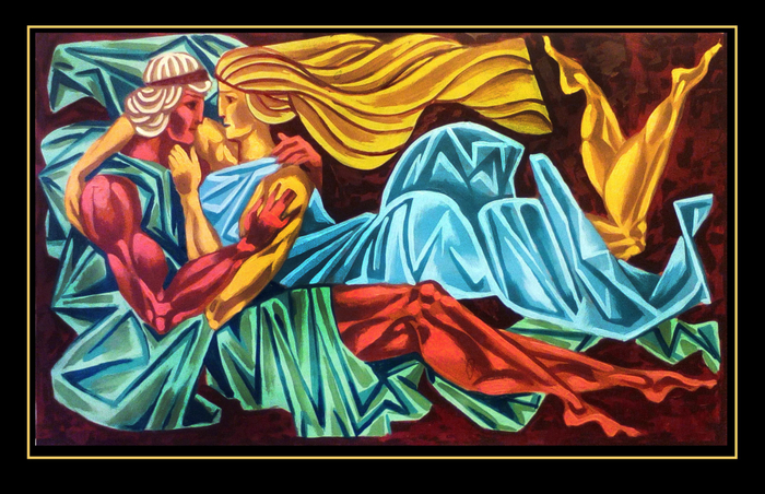 "Селена и Эндимион" бумага, акрил, 68х39 см, 2016г.  Серия "Мифы и легенды древней Греции".